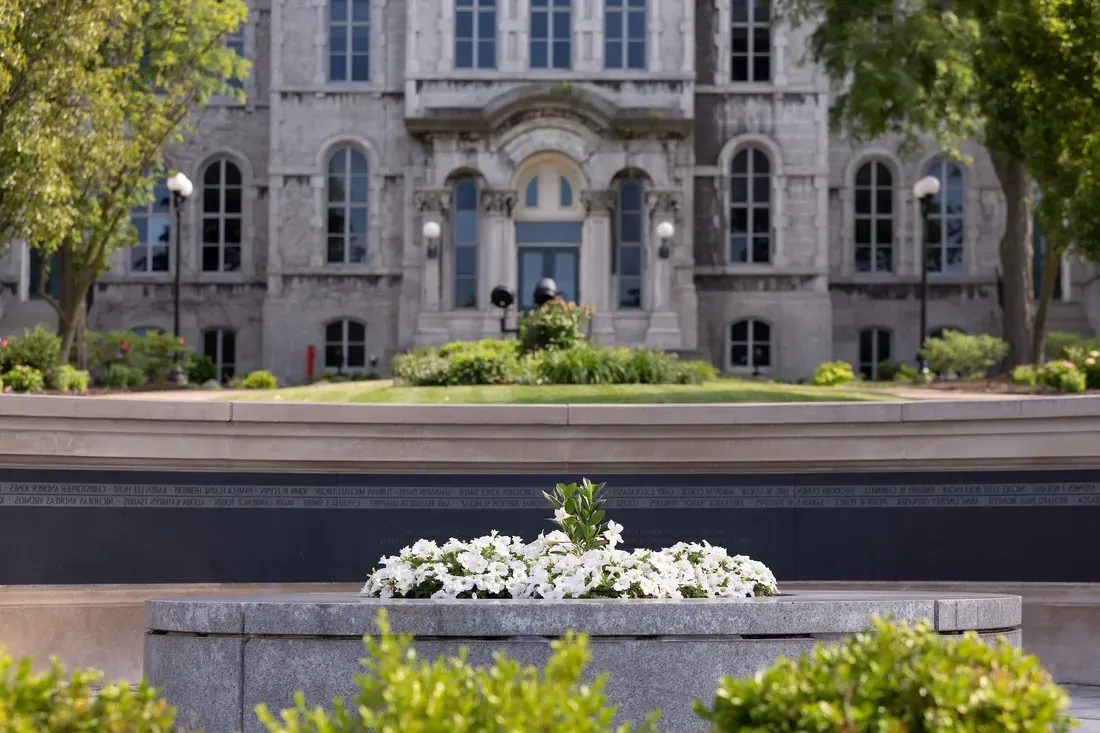 Flowers on a wall on Syracuse University's campus.